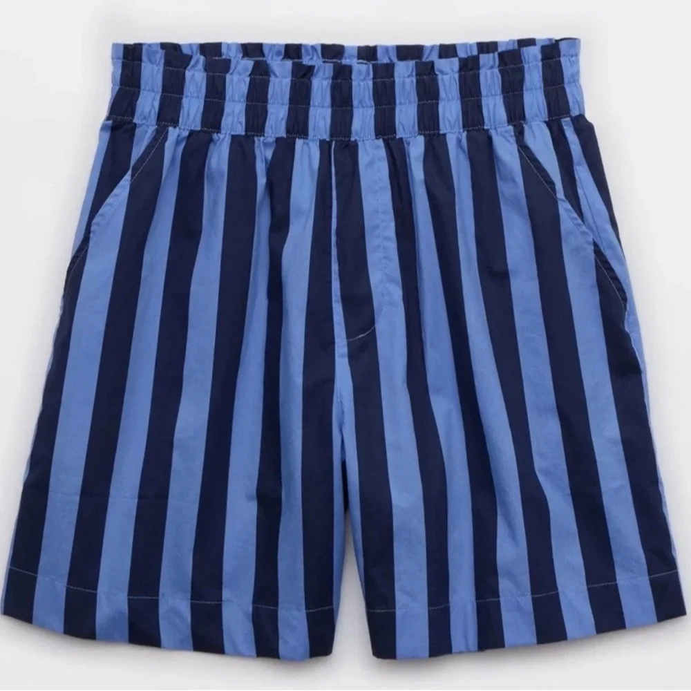 aerie Navy and Sky Blue Striped Elastic-Waist Women's Shorts - Picture 3 of 8